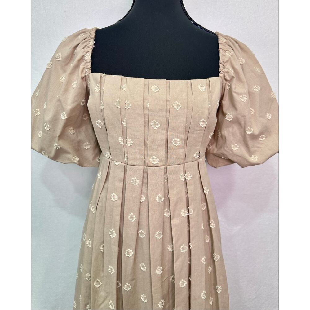 NWT And Now This Beige Cotton Dobby Dot Puff Sleeve Cottagecore Dress Size XS - Picture 4 of 12
